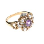 9CT GOLD AMETHYST, PEARL AND DIAMOND RING