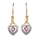 18CT GOLD AMETHYST AND DIAMOND HEART-SHAPED EARRINGS