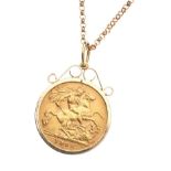 9CT GOLD HALF SOVERIEGN PENDANT ON CHAIN