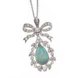 18CT WHITE GOLD OPAL AND DIAMOND PENDANT