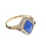 9CT GOLD LAPUS LAZULI, ONYX AND DIAMOND RING