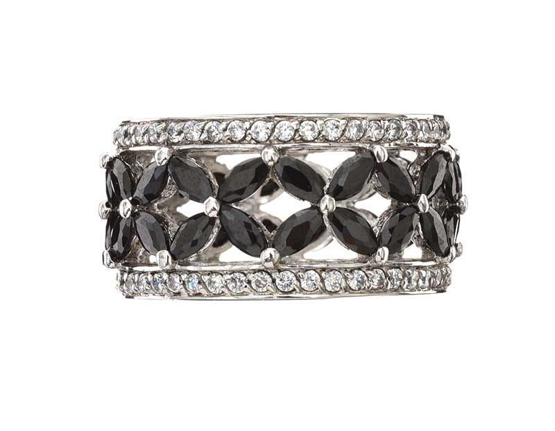 GEORGINI RHODIUM-PLATED BLACK STONE RING