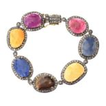 14CT GOLD RUBY, SAPPHIRE AND DIAMOND BRACELET