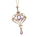EDWARDIAN 15CT GOLD AMETHYST AND PEARL PENDANT ON 14CT GOLD CHAIN