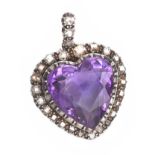 VICTORIAN SILVER SET AMETHYST AND DIAMOND HEART PENDANT