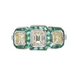 18CT WHITE GOLD EMERALD AND DIAMOND TRIPLE CLUSTER RING