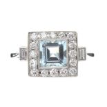 PLATINUM AQUAMARINE AND DIAMOND RING