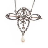 ART NOUVEAU DIAMOND AND PEARL BROOCH