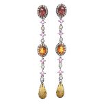 18CT GOLD DIAMOND, PINK SAPPHIRE AND COLOURED TOPAZ EARRINGS