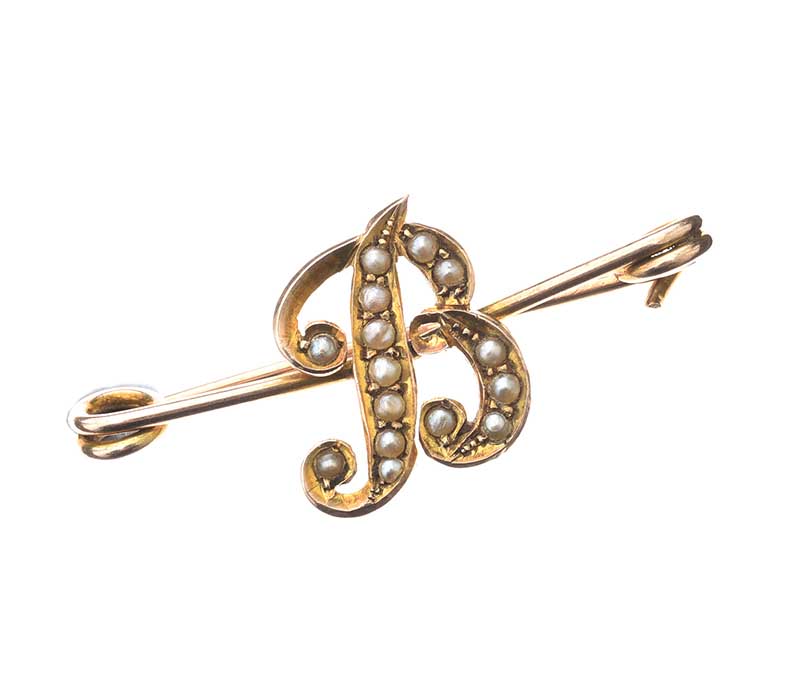 B' INITIAL BROOCH SET WITH SEED PEARLS