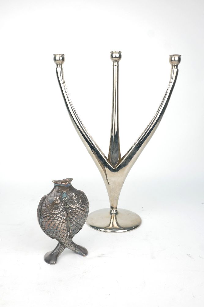 A Christofle silver plated 'Deux Poisson' vase, impressed marks to base, 14cm high, together with