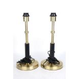 A pair of Continental brass and faux leather table lamps, c. 1990, 43cm high (2)Please refer to