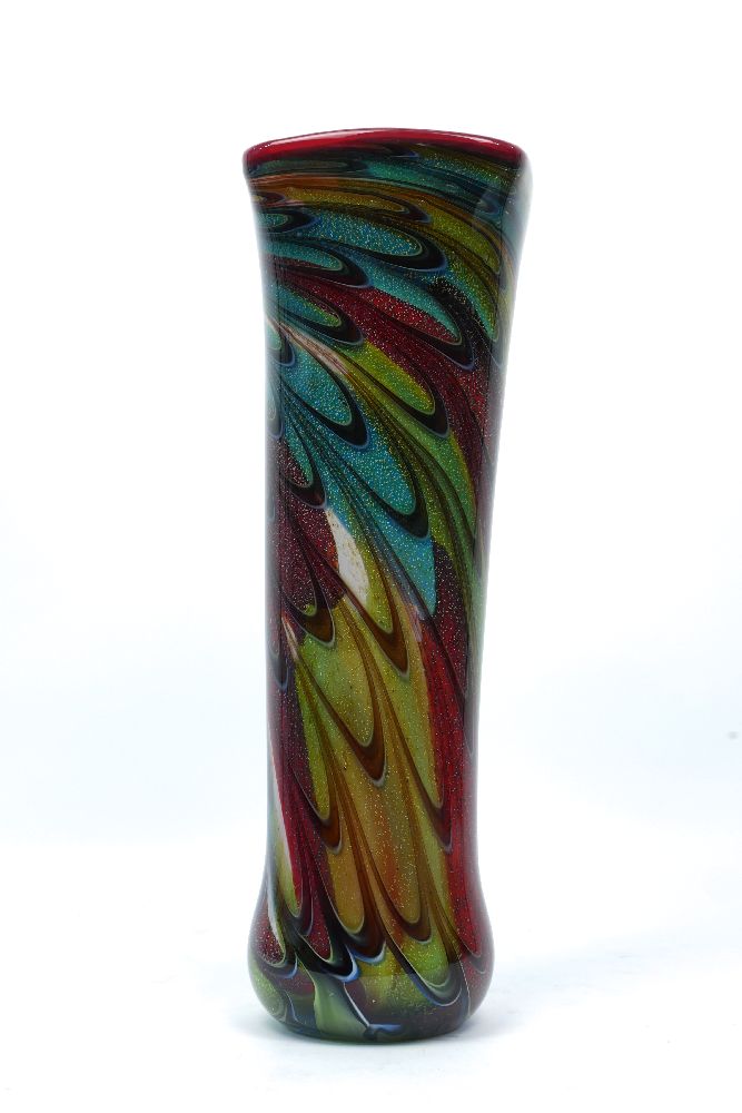 A large coloured glass vase, probably Murano, the exterior with looping designs in white and