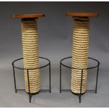 A pair of rope bar stools, possibly by Audoux-Minet c.1950, the circular seats, on rope bound