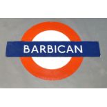 A tin plate and enamelled Underground sign for Barbican, printed or stencilled marks for EIS