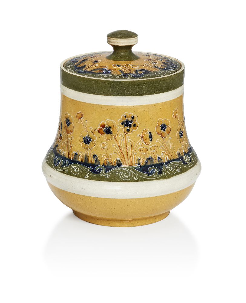 William Moorcroft (1872-1945), a Poppy pattern Dura Ware ceramic biscuit barrel with cover c.1902,