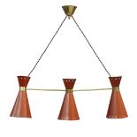 French, a three light pendant ceiling light, in the manner of Pierre Guariche c.1950 The red