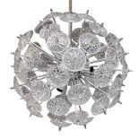 Belgian, a 'dandelion' chromed and glass twelve light pendant ceiling light 1970s With moulded glass