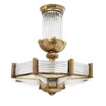 Petitot, a French Art Deco bronze and glass chandelier c.1930, stamped Petitot 1266 The bronze frame