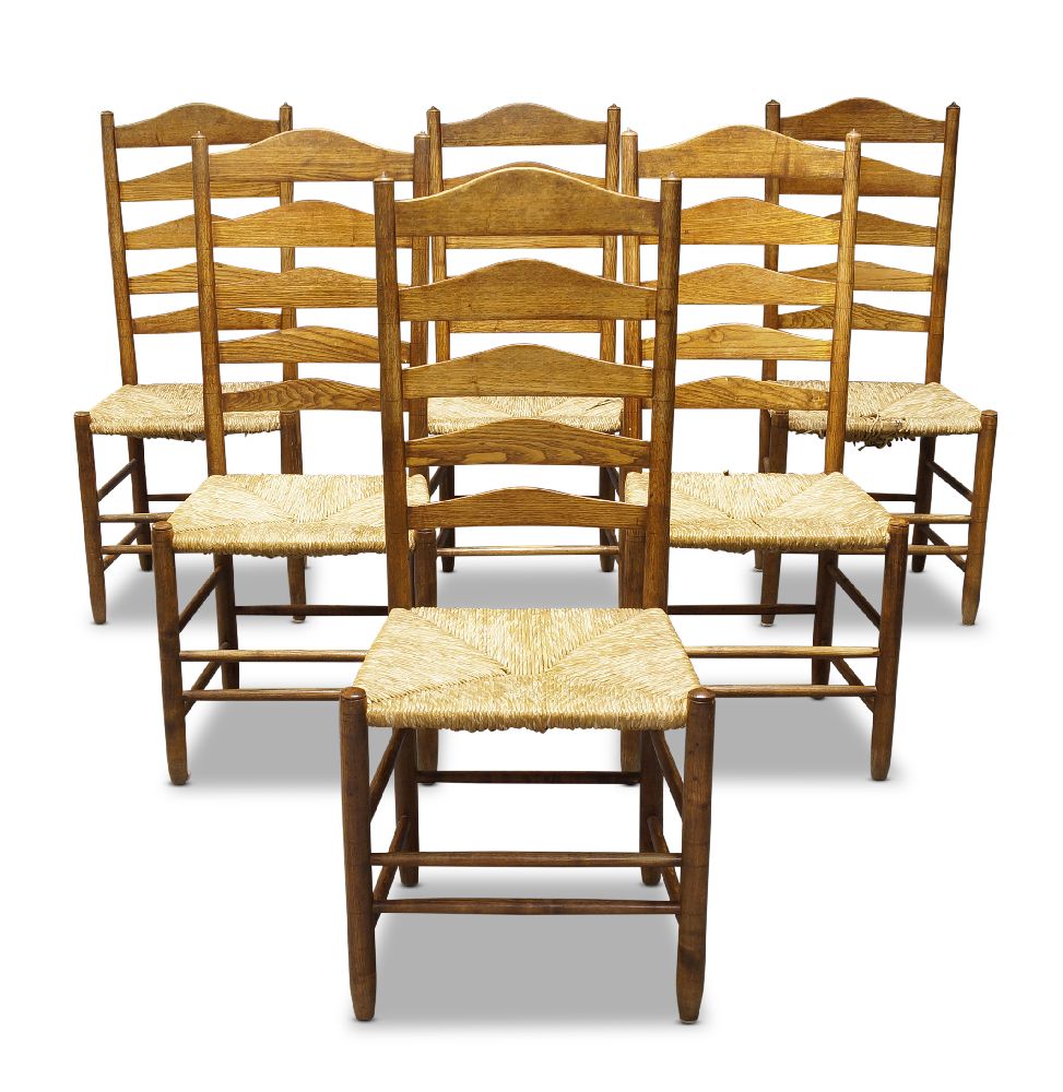 A set of six Gimson style ladder back chairs by Neville Neal c.1980, three chairs stamped With