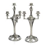 Art Nouveau, a pair of large pewter candelabra c.1900, possibly German, unsigned Each with four