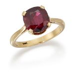 A ruby single stone ring, the cushion shaped ruby, weighing approximately 4.30 carats, in claw