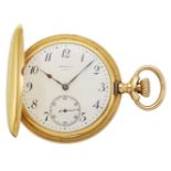 An 18ct gold hunter case keyless lever pocket watch, by Asprey, the white enamel dial with Arabic