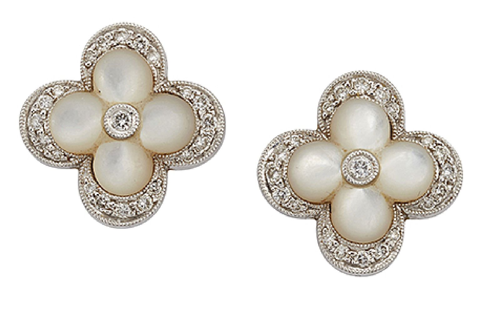 A pair of mother-of-pearl and diamond cluster earstuds, each carved mother-of-pearl quatrefoil