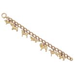 A charm bracelet, the 9ct gold curb link bracelet suspending seven charms each depicting a different