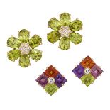 Two pairs of gem-set earrings, the first with peridot petals radiating from a central pave-set