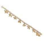 A charm bracelet, the 9ct gold circular belcher-link bracelet suspending eight 9ct gold charms