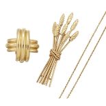 A brooch, neckchain and single earclip, by Tiffany, the brooch designed as a sheaf of wheat,