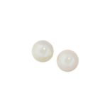 A pair of pearl earstuds, each pearl, measuring approximately 8.2mm, on scalloped mount, post