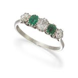 A diamond and emerald five stone ring, of half-hoop design, the three graduated old-cut diamonds