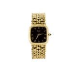 An 18ct gold manual wind wristwatch, by Piaget, the square-shaped black dial with Roman numerals and