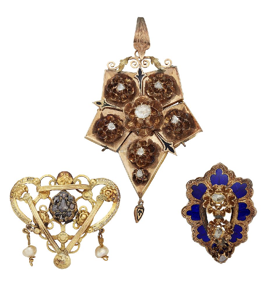 Two late 19th century gold and rose-cut diamond brooches and a 19th century gold and rose-cut