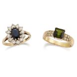 Two diamond and gem rings, the first a claw-set oval sapphire and brilliant-cut diamond cluster,