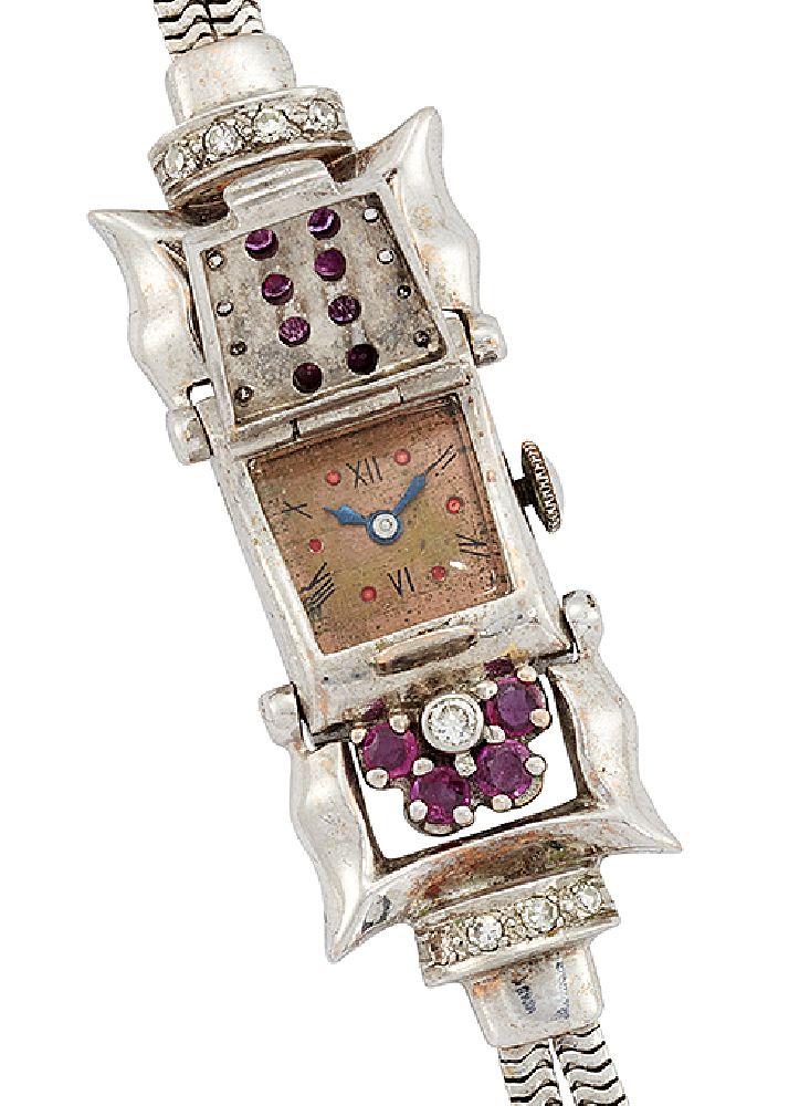 A gold, ruby and diamond-set cocktail watch by Bulova, the square dial with Arabic numerals and - Image 2 of 2