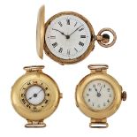 A group of two lady's 18ct gold wristwatches and a gold fob watch, the first wristwatch with white