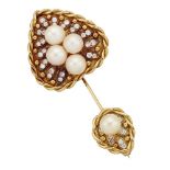 A diamond and cultured pearl sureté pin, the brilliant-cut diamond-set heart shaped panel with