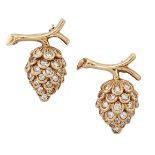 A pair of diamond brooches by Verdura, modelled as brilliant-cut diamond pine cones with branch