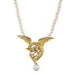 A cultured pearl and diamond necklace, the central dragon motif with rose-cut diamond single stone