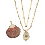 A 9ct gold ball and link chain necklace, with detachable red stained cockle shell, cerastoderma