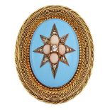 A Victorian, gold coral, diamond and enamel brooch, designed as a central oval dome of blue enamel