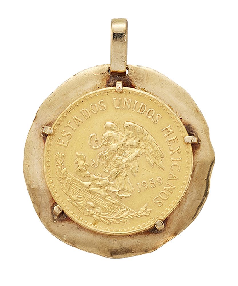 A Mexican gold 20 Peso coin pendant, 1959, on thin disc mount, pendant diameter 3.5cm, gross