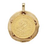 A Mexican gold 20 Peso coin pendant, 1959, on thin disc mount, pendant diameter 3.5cm, gross