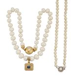 A sapphire and diamond pendant, a freshwater cultured pearl necklace and a cultured pearl
