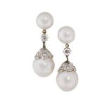 A pair of cultured pearl and diamond ear pendants, the cultured peal drops with rose-cut diamond set