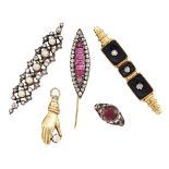 A group of jewellery, comprising: a diamond and cultured pearl brooch, the openwork panel set with