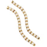 A pair of imitation pearl bracelets, each imitation pearl single row with geometric design links